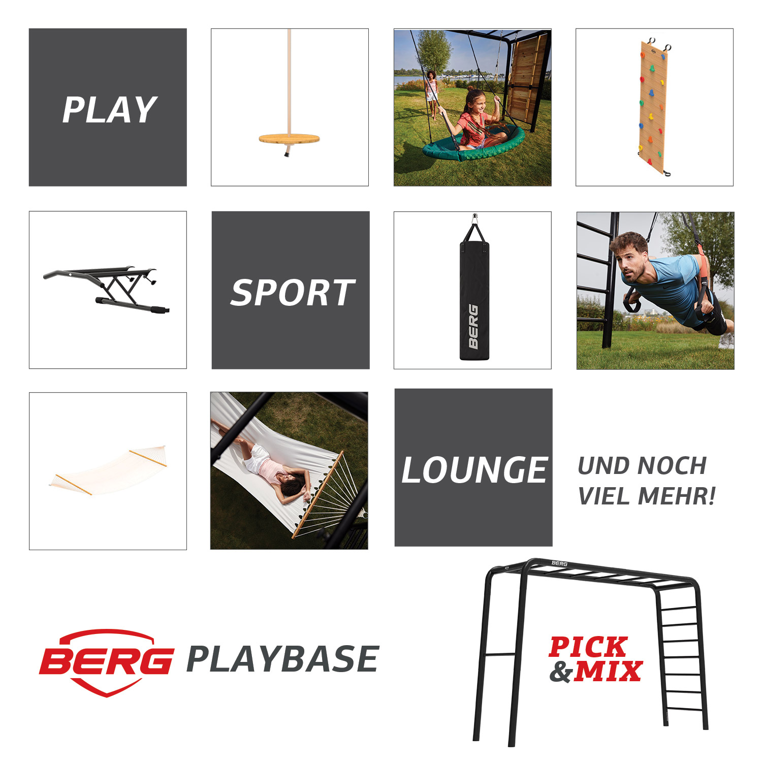 BERG PlayBase 3-in-1 Klettergerüst Medium mit 2 Reckstangen inkl. Holzschaukel und Trapez