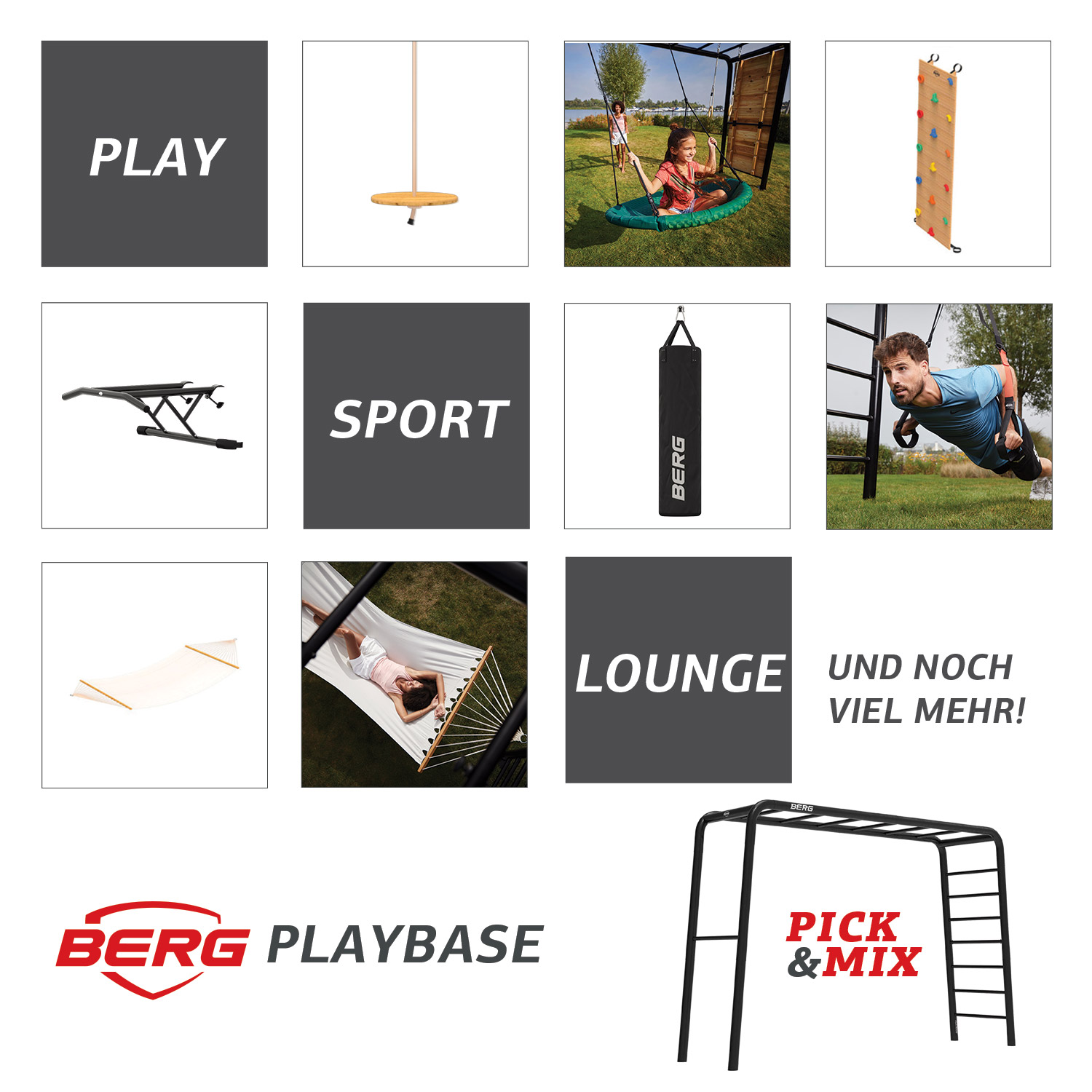 BERG PlayBase 3-in-1 Klettergerüst Large mit Reckstange, Leiter, Schaukel, Turnringe und Kletterwand