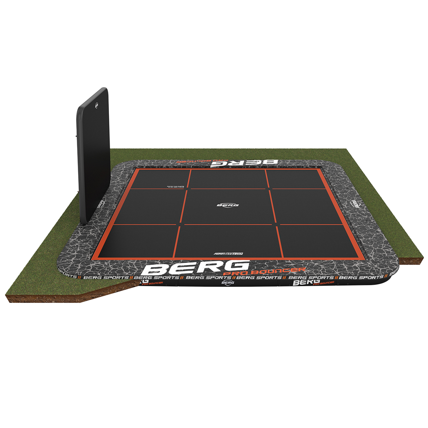 BERG Trampolin FlatGround ULTIM Pro Bouncer 5x5 m + AeroWall 2x2 BLK&GRY (NEU)