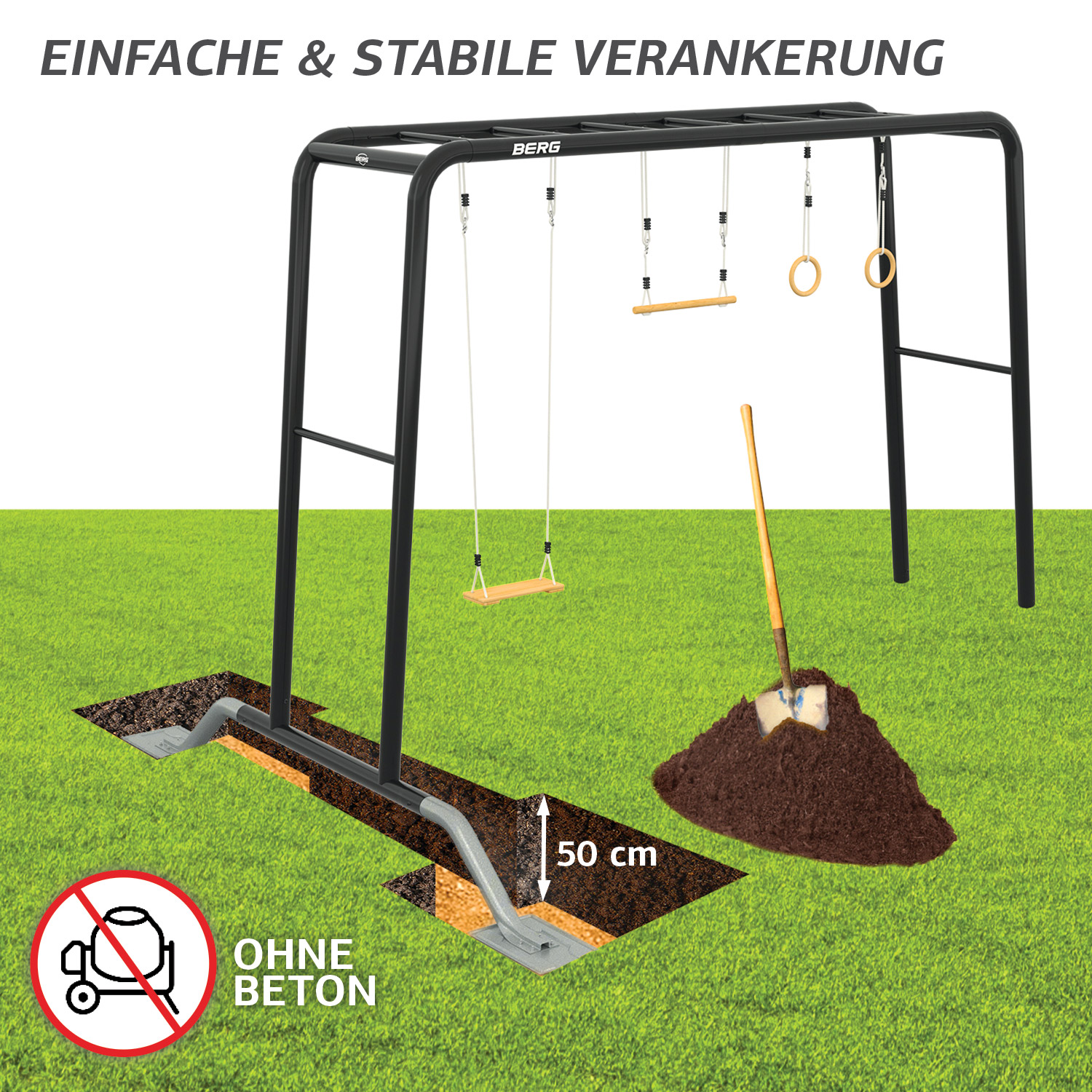 BERG PlayBase 3-in-1 Klettergerüst Medium mit 2 Reckstangen inkl. Holzschaukel und Trapez