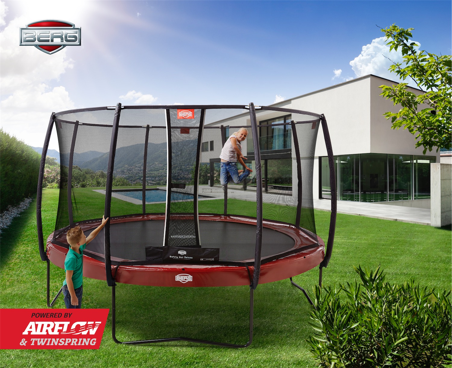 BERG Trampolin Regular Elite Red Ø430 cm + Sicherheitsnetz DLX XL (Ersatzteilarchiv)